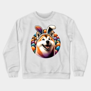 Hokkaido Dog Celebrates Easter with Bunny Ears and Eggs Crewneck Sweatshirt